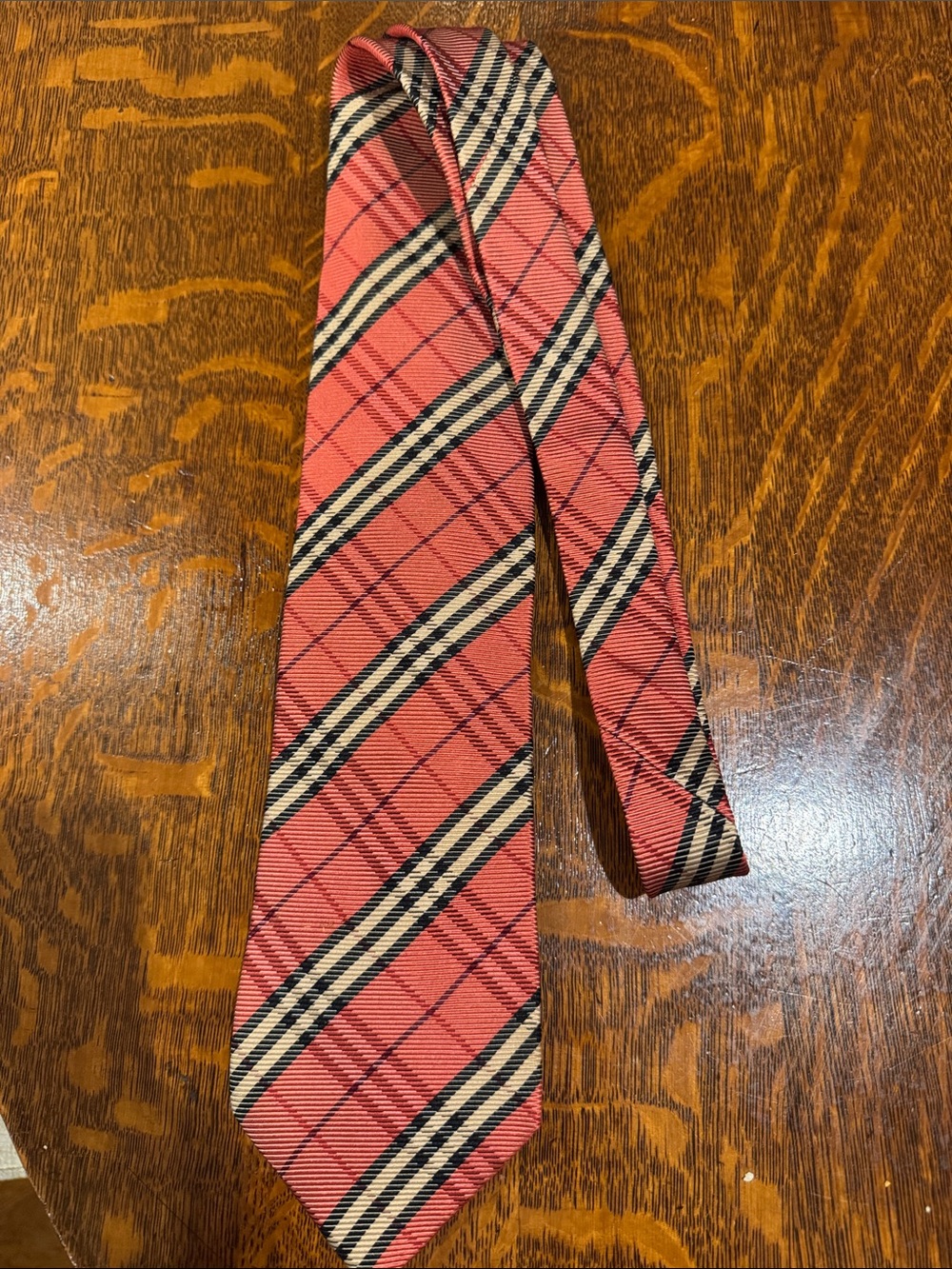 Burberry Coral-Red Plaid Silk Tie with Black and Cream Accents